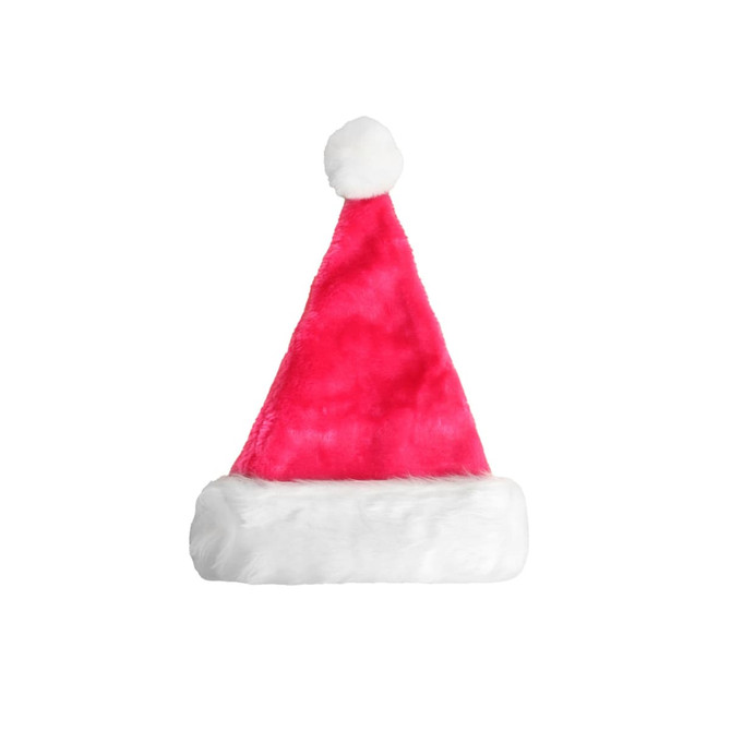A pink plush Santa hat with a white fur trim and pom-pom on top. It has a simple design and rounded shape.