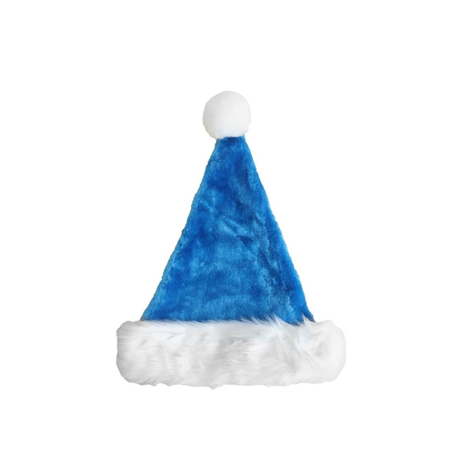 A blue plush Santa hat with a white fur trim and a fluffy white pom-pom on top.