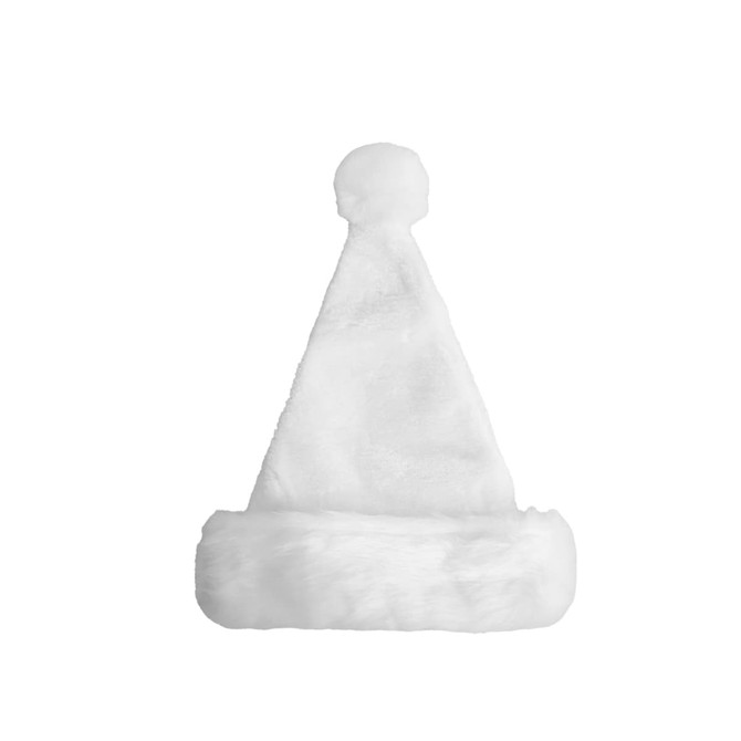 A white plush Santa hat with a fluffy brim and a pom-pom on top. It has a simple design and is soft to the touch.