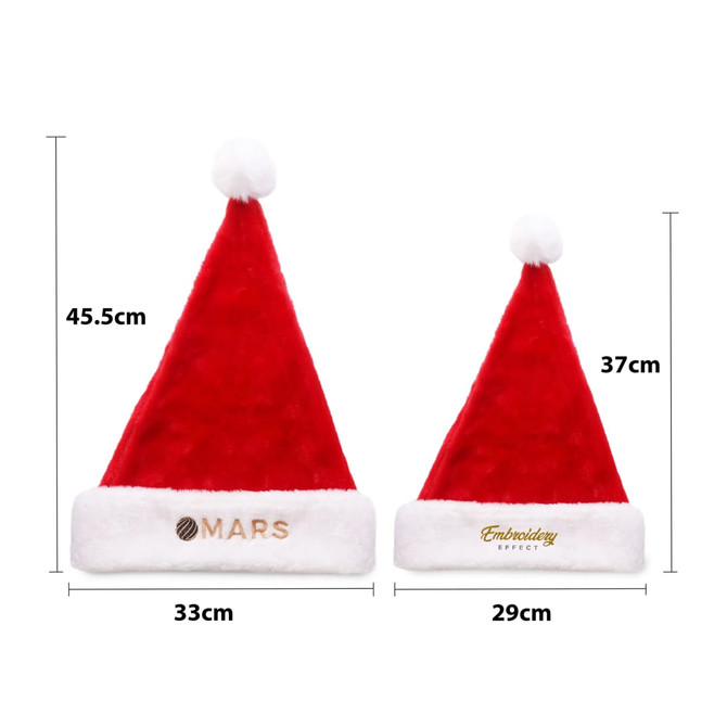 A plush red Santa hat with a white fur trim, featuring a logo and measuring 45.5cm tall and 33cm wide.