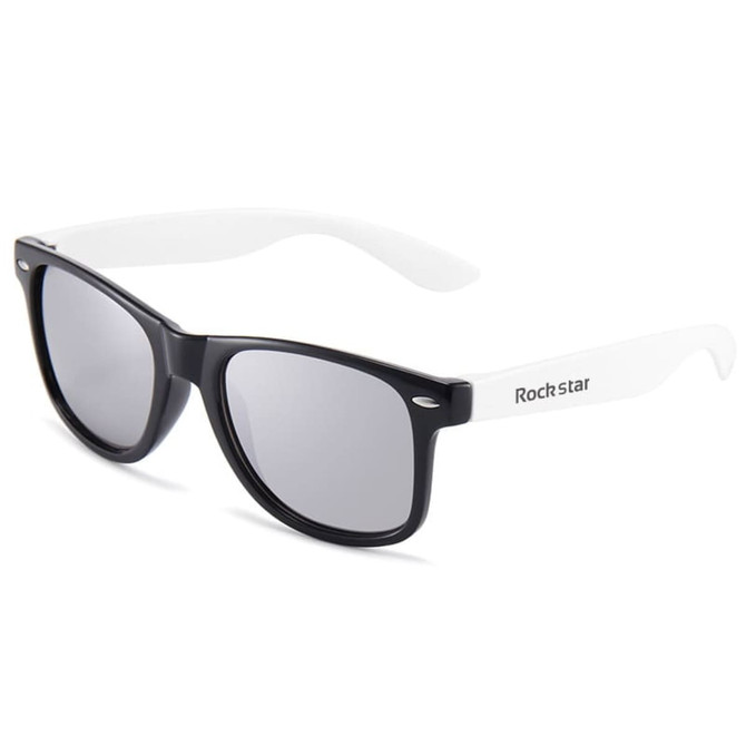 Stylish black sunglasses with white arms featuring a logo on the side. Perfect for leisure and outdoor activities.