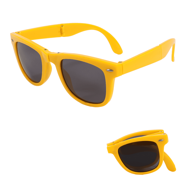 Yellow folding sunglasses with dark lenses, featuring a logo on the side. Ideal for leisure and outdoor activities.