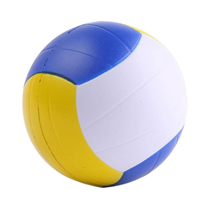 A volleyball-shaped stress reliever in blue, yellow, and white, designed for fun and stress relief.