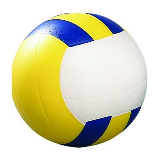 A yellow and blue volleyball stress reliever with a white panel, featuring a logo.