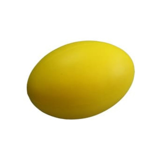 A yellow stress Australian football with a smooth, oval shape and a logo on its surface.