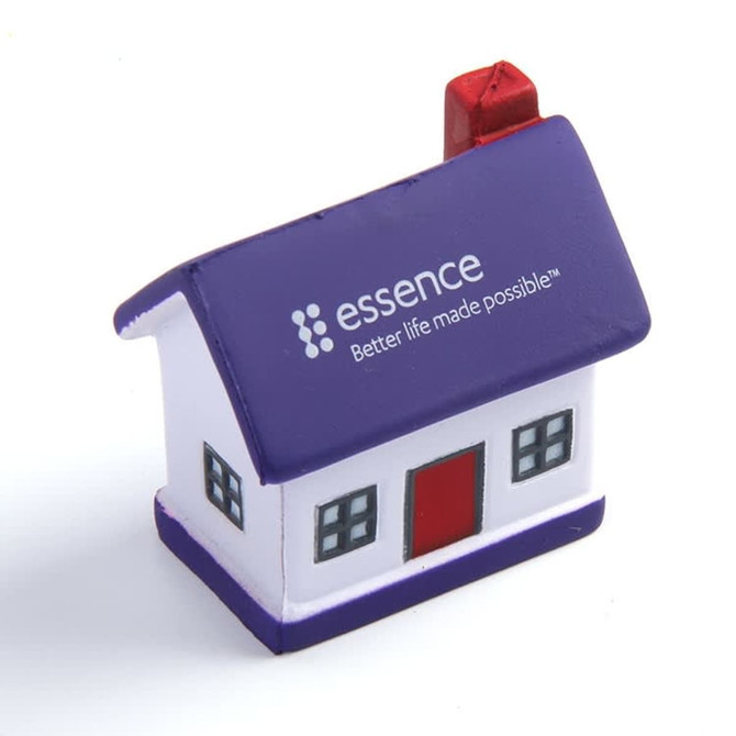 A purple and white house-shaped stress reliever with a red door and a chimney, featuring a logo.