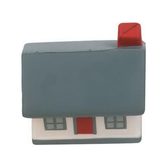 A house-shaped stress reliever in grey, white, and red, with a chimney and windows. It features a logo.