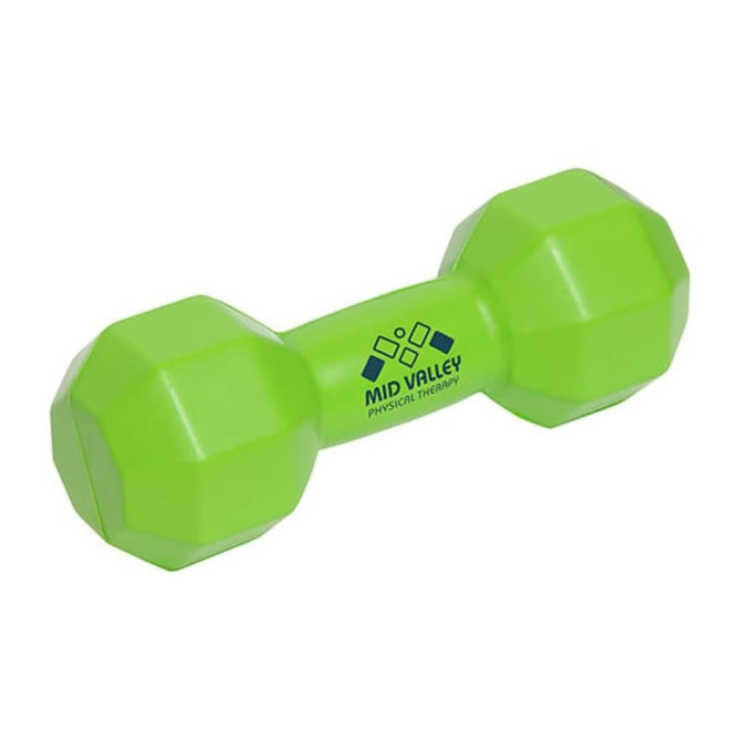 A green dumbbell-shaped stress reliever with a logo on the side, designed for fun and stress relief.
