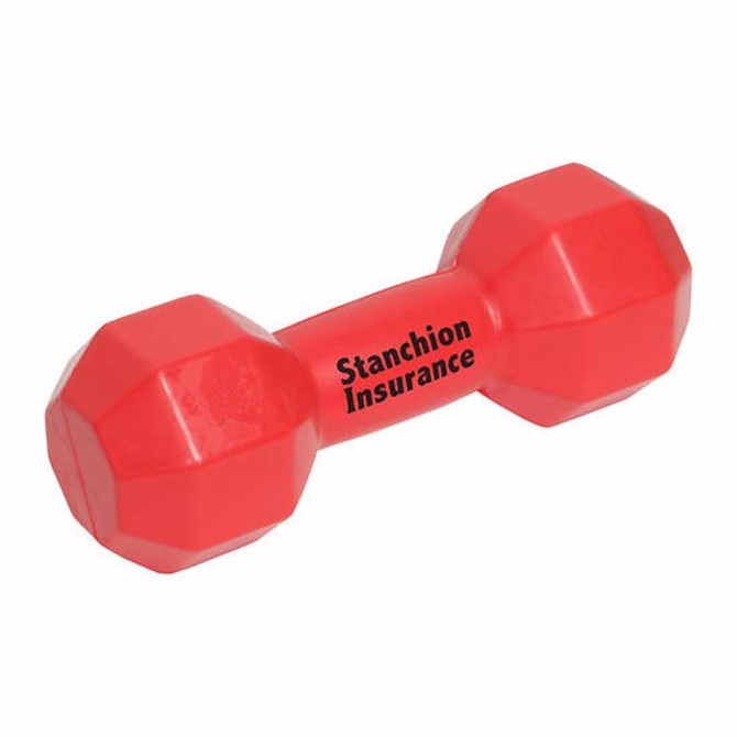 A red dumbbell-shaped stress reliever with a logo. The design features a faceted surface.