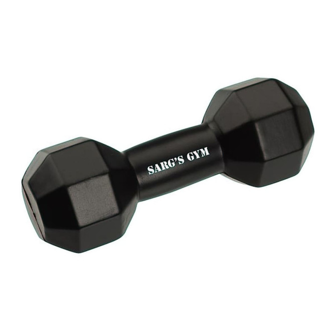 A black dumbbell-shaped stress reliever with a logo on the handle.
