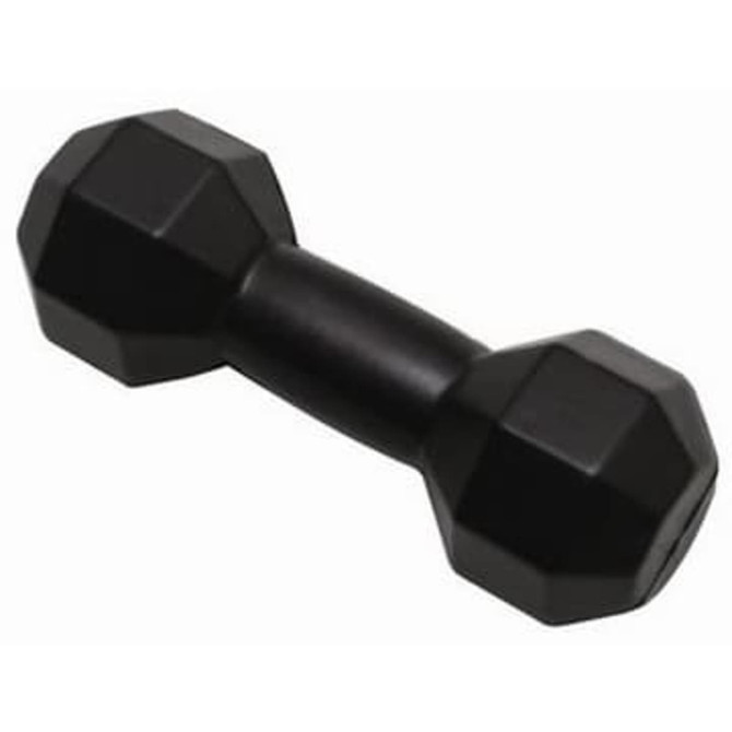 A black dumbbell-shaped stress reliever with a hexagonal design, featuring a smooth central grip.
