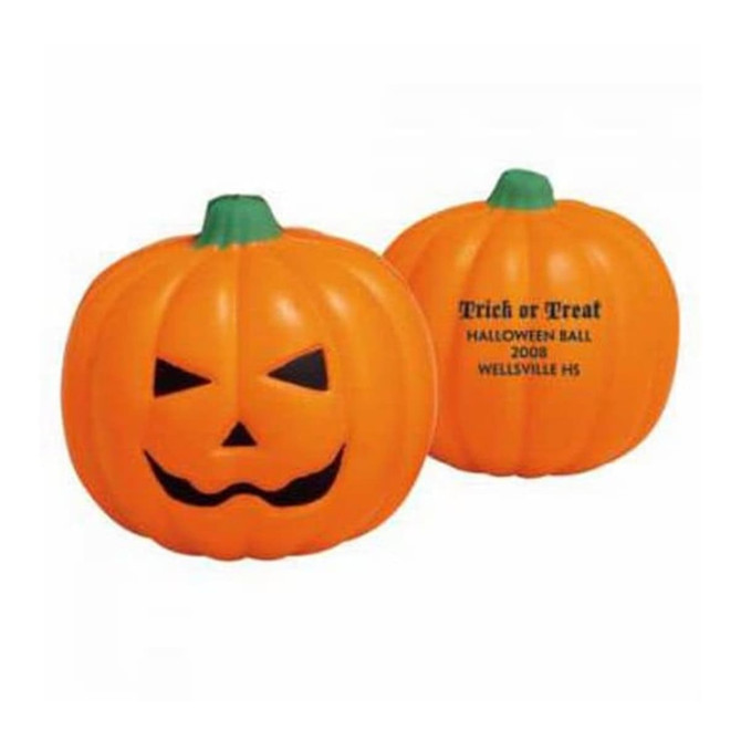 A smiling orange pumpkin stress reliever with a green stem, featuring a carved face. It has a logo on one side.