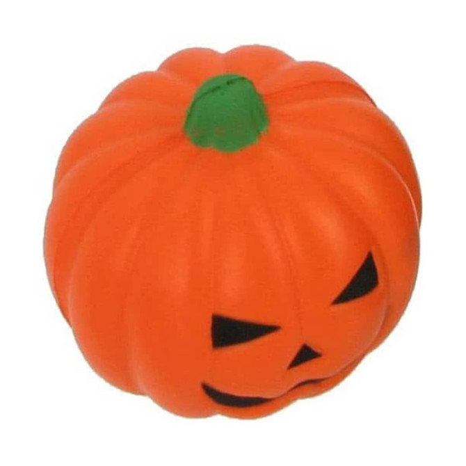 A smiling-faced, orange pumpkin stress reliever with a green stem and black facial features.