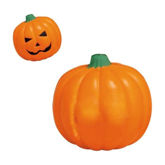 A bright orange pumpkin stress reliever with a smiling face and a green stem, featuring a contrasting black design.