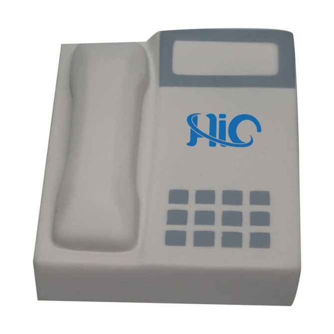A telephone-shaped stress reliever in white with grey detailing and a logo. Designed as a fun stress keyring.
