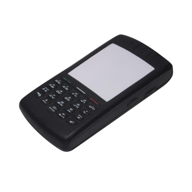 A black mobile phone-shaped stress reliever with buttons and a blank screen. It features a logo on one side.