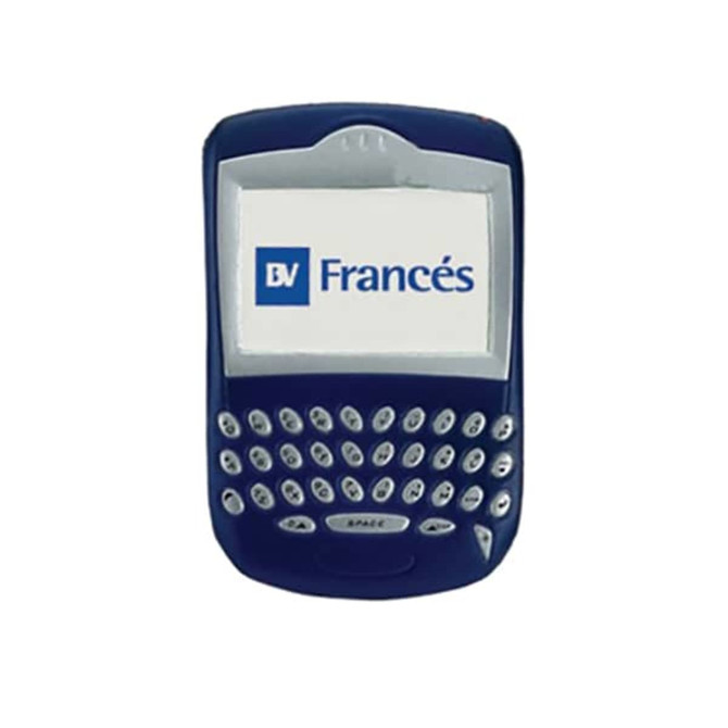 A navy blue Blackberry mobile phone-shaped stress reliever with a white screen and buttons, featuring a logo.