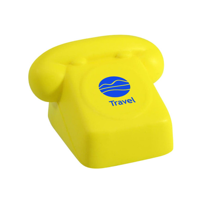A bright yellow phone-shaped stress reliever with a logo on the front.