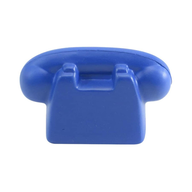 A blue, classic phone-shaped stress reliever with a simple design and a logo on the surface.