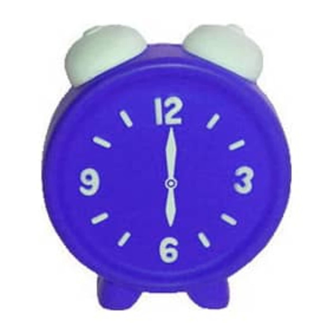 A purple alarm clock-shaped stress reliever featuring white alarm bells and black hour markers. Includes a logo. A purple alarm clock-shaped stress reliever featuring white alarm bells and black hour markers. Includes a logo.