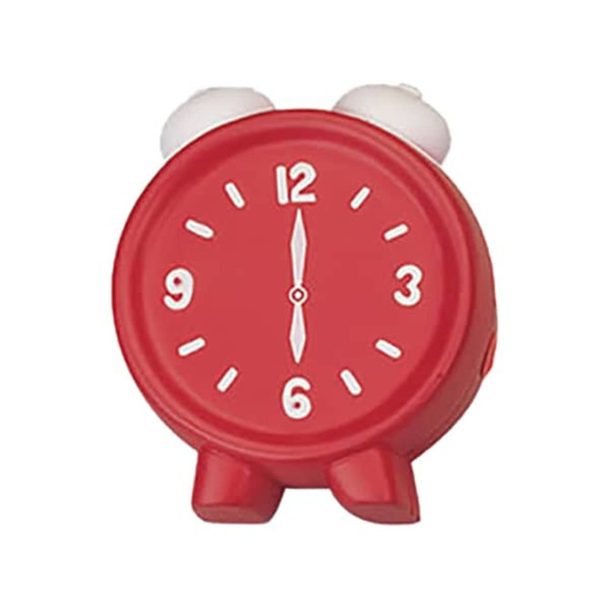 A red alarm clock-shaped stress reliever featuring a round body and white clock face with black numbers. A red alarm clock-shaped stress reliever featuring a round body and white clock face with black numbers.
