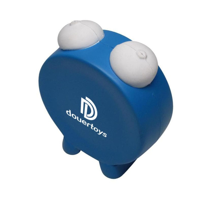 A blue alarm clock shape stress reliever with white knobs on top and a branding logo on the side. A blue alarm clock shape stress reliever with white knobs on top and a branding logo on the side.
