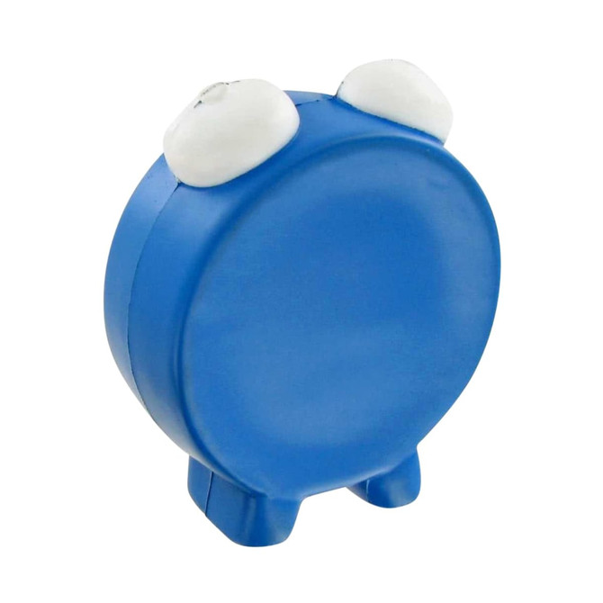A blue alarm clock-shaped stress reliever with white ears and a flat back. It stands on small legs. A blue alarm clock-shaped stress reliever with white ears and a flat back. It stands on small legs.