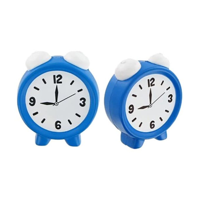A blue alarm clock-shaped stress reliever with a white face and black numbers, featuring two white bells on top. A blue alarm clock-shaped stress reliever with a white face and black numbers, featuring two white bells on top.