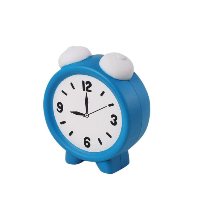 A blue alarm clock-shaped stress reliever with white knobs, featuring a simple clock face design. A blue alarm clock-shaped stress reliever with white knobs, featuring a simple clock face design.