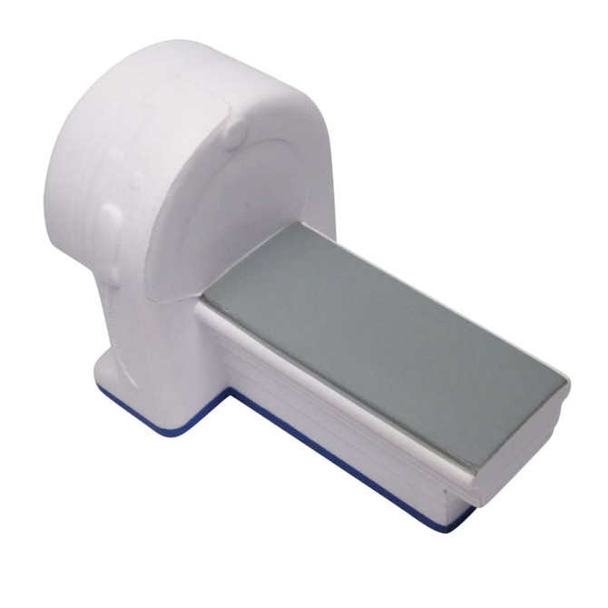 A white and grey scanner machine-shaped stress reliever with a blue base, designed for fun and games.