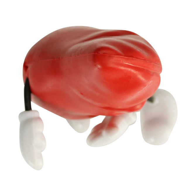A red liver-shaped stress reliever with white hands and legs, featuring a playful design.