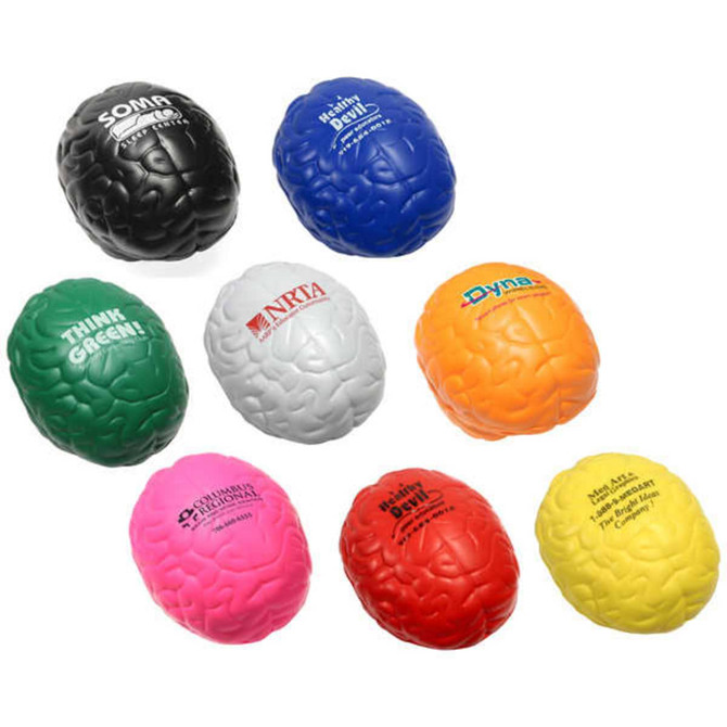 A collection of brain-shaped stress relievers in various colours: black, blue, green, white, orange, pink, and purple.