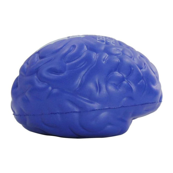 A blue brain-shaped stress reliever with textured detailing and a small logo on one side.