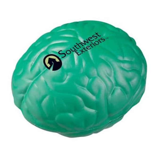 A green brain-shaped stress reliever with a logo on one side, made of soft, squeezable material.