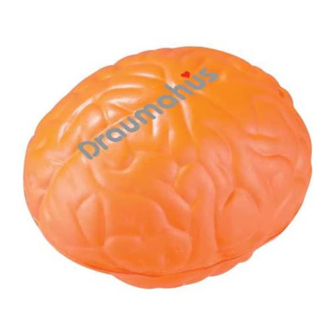 An orange brain-shaped stress reliever with a logo on its surface.