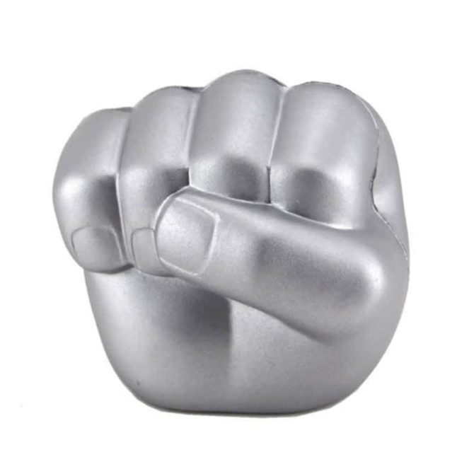 A silver clenched fist-shaped stress reliever with a smooth finish, designed for fun and stress relief.