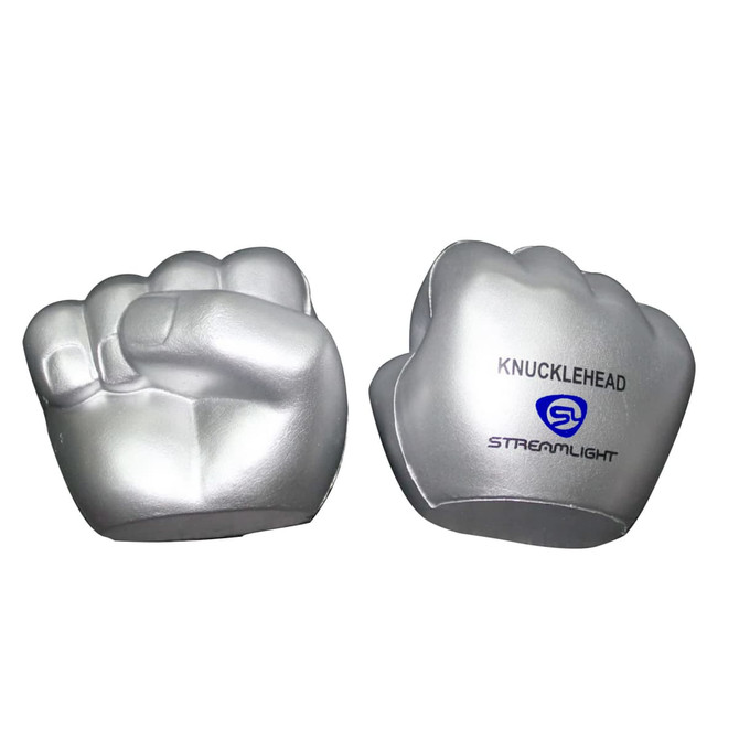 Clenched fist-shaped stress relievers in silver, featuring a logo on one side.