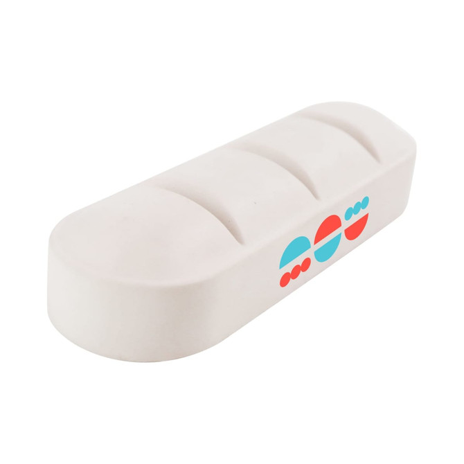 A white large tablet-shaped stress reliever with a simple design and colourful logo.