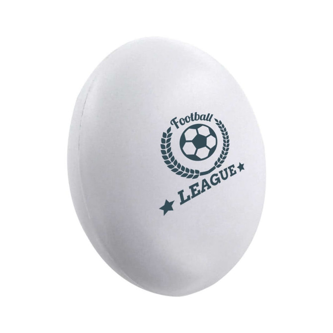 A white tablet-shaped stress reliever featuring a football design and logo.