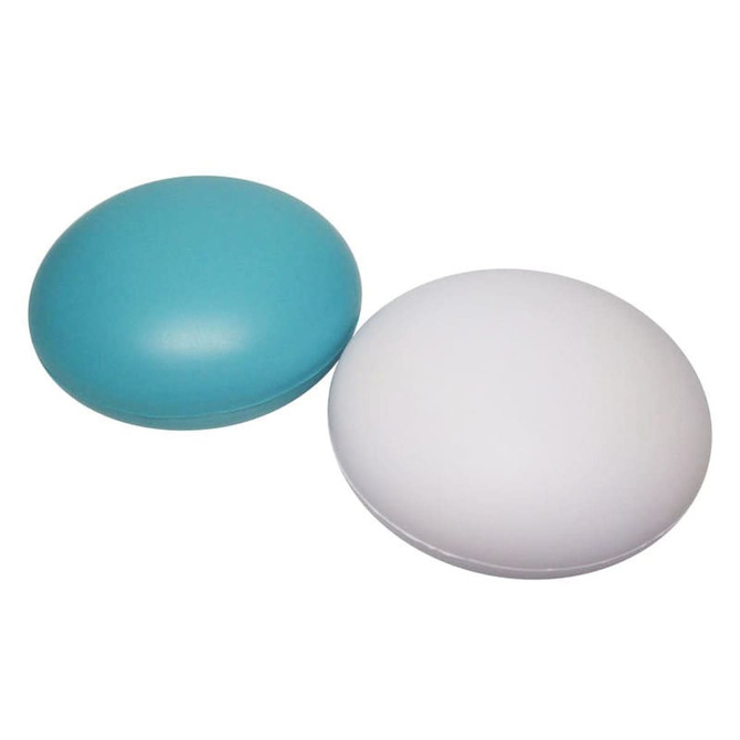 A turquoise and white tablet-shaped stress reliever, featuring a smooth surface and rounded edges. It has a logo.