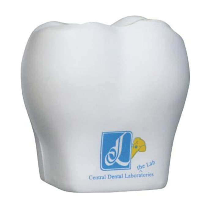 A white tooth-shaped stress reliever with a logo on one side. Suitable for fun and stress relief activities.