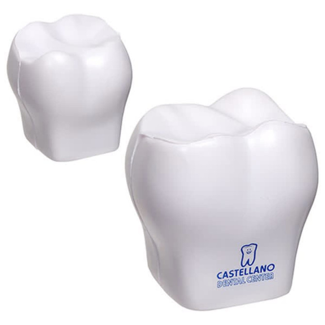 A white stress reliever shaped like a tooth, featuring a logo on the front.