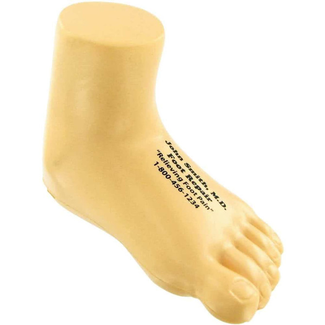 A beige baby leg shape stress reliever with a smooth surface and a small logo printed on it.
