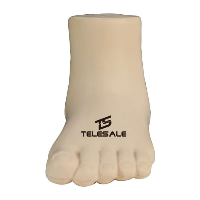 A beige, baby leg-shaped stress reliever with a logo on the side, designed as a fun keyring accessory.