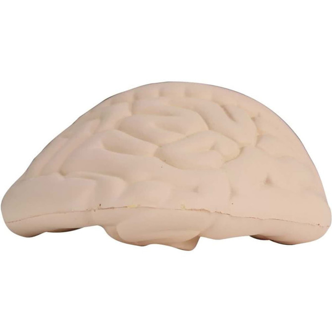 A stress reliever shaped like a brain in light beige, featuring a textured surface and a rounded design.