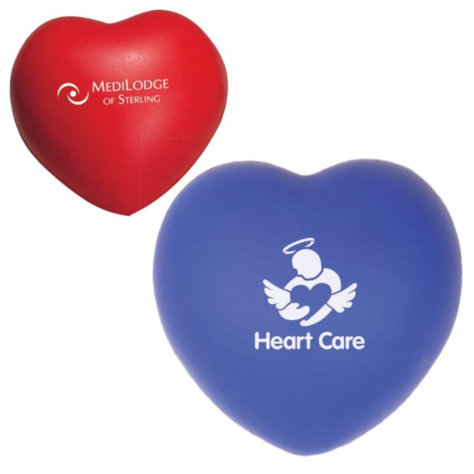 A red and a blue heart-shaped stress reliever, featuring a logo and design on each side.