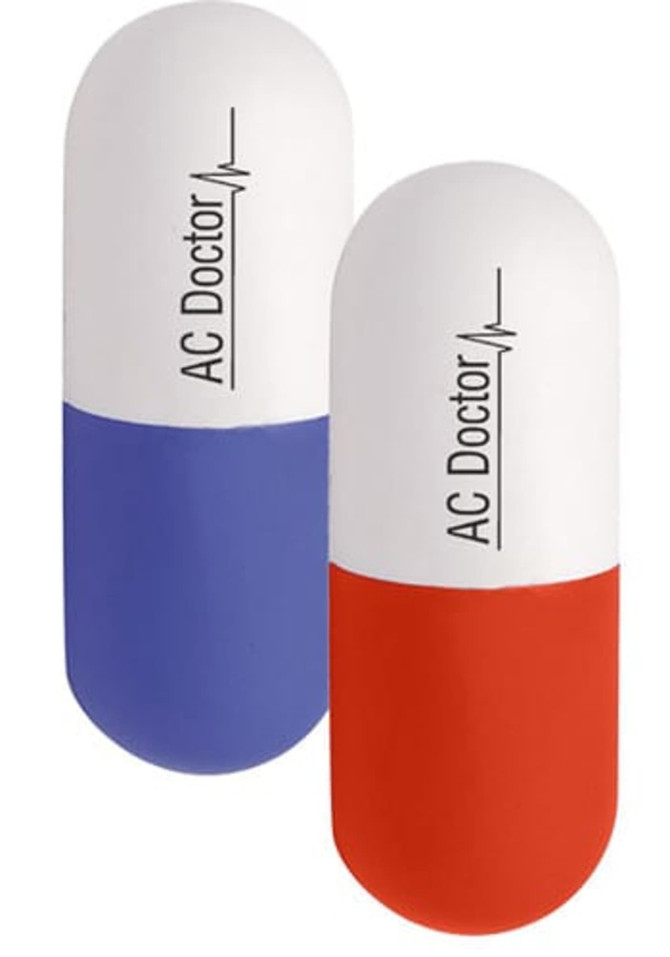 A capsule-shaped stress reliever in blue and red, featuring a logo. Ideal for stress relief and fun.