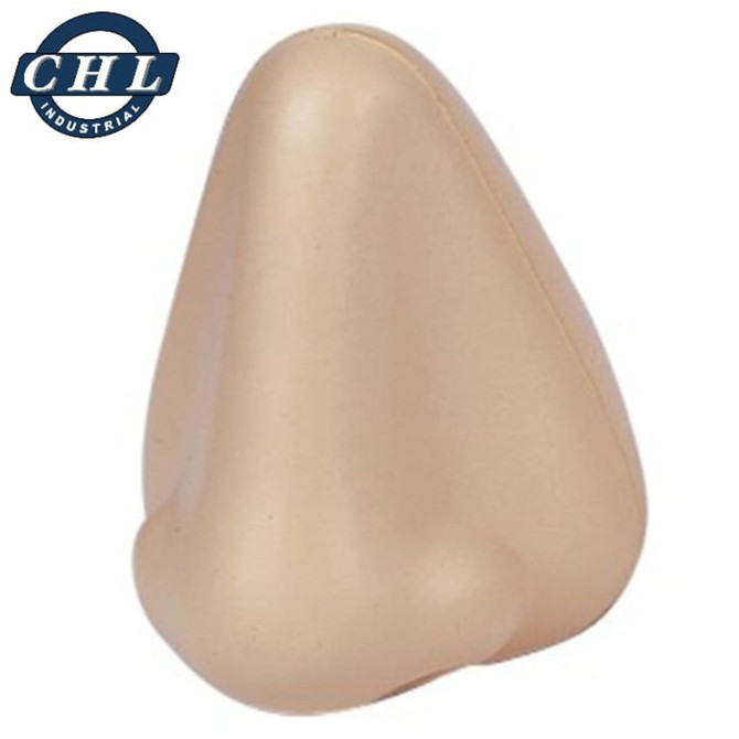 A beige nose-shaped stress reliever with a smooth surface, featuring a logo in the top corner.