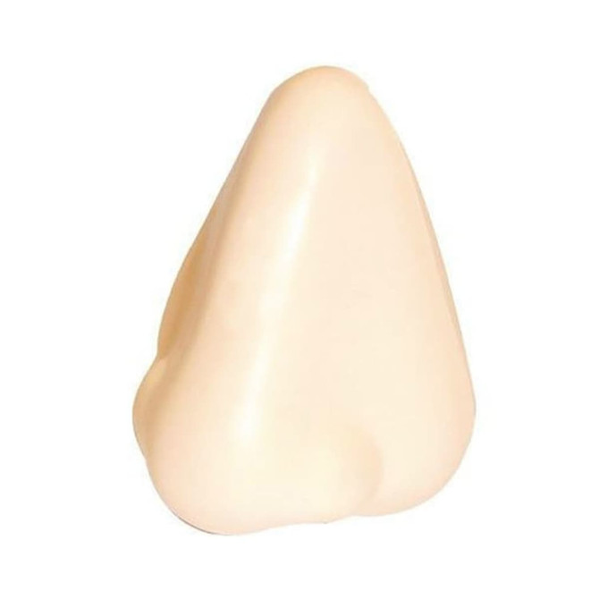 A cream-coloured stress reliever shaped like a nose, featuring a smooth and rounded design. It includes a branding logo.