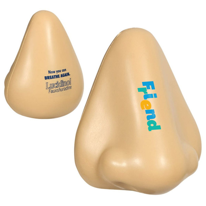 A beige stress reliever shaped like a nose, featuring text and a logo on its surface.